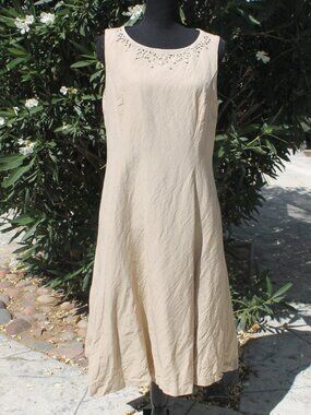 Coldwater Creek Women's Size 16 Beige Linen Blend Beaded Midi Dress Sleeveless